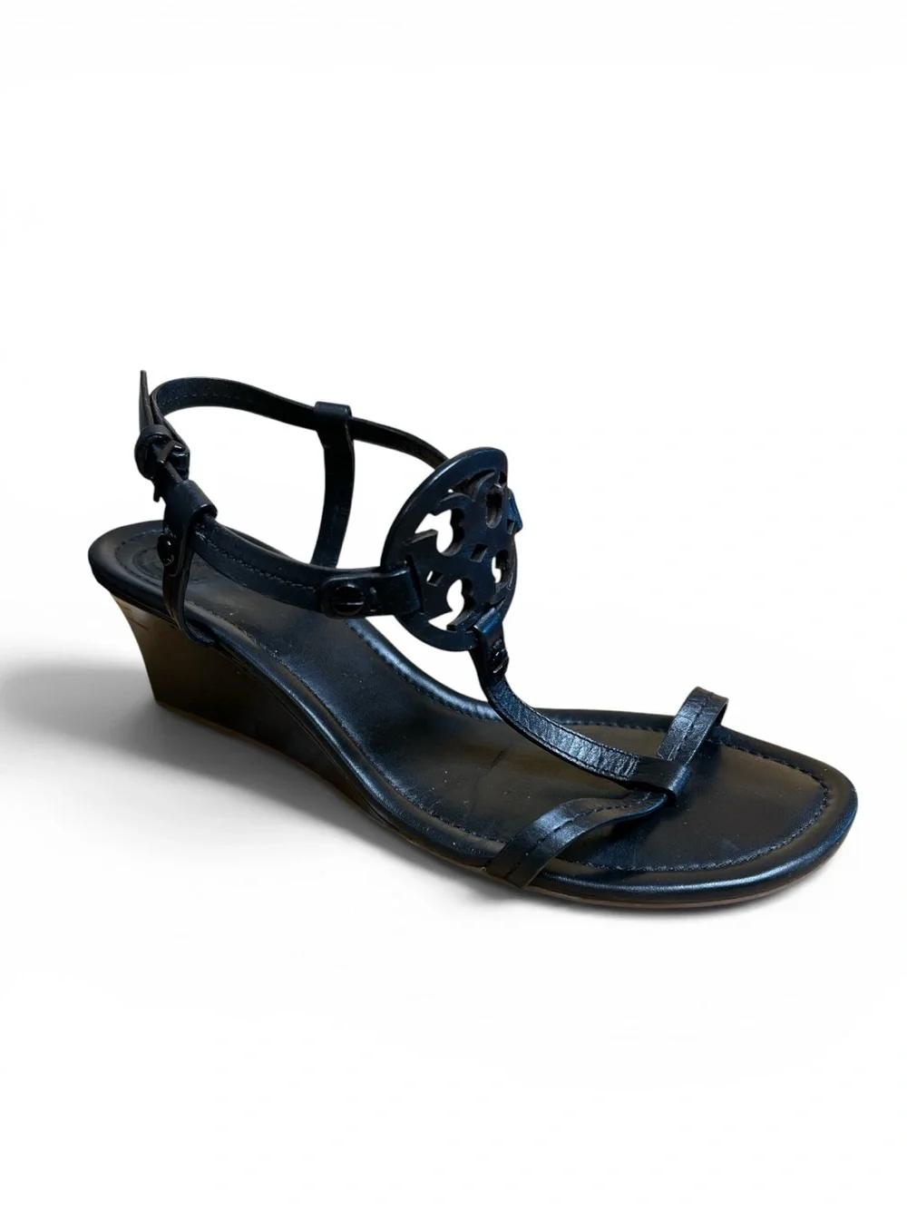 Tory Burch Black Leather Logo T-Strap Wedge Sandals